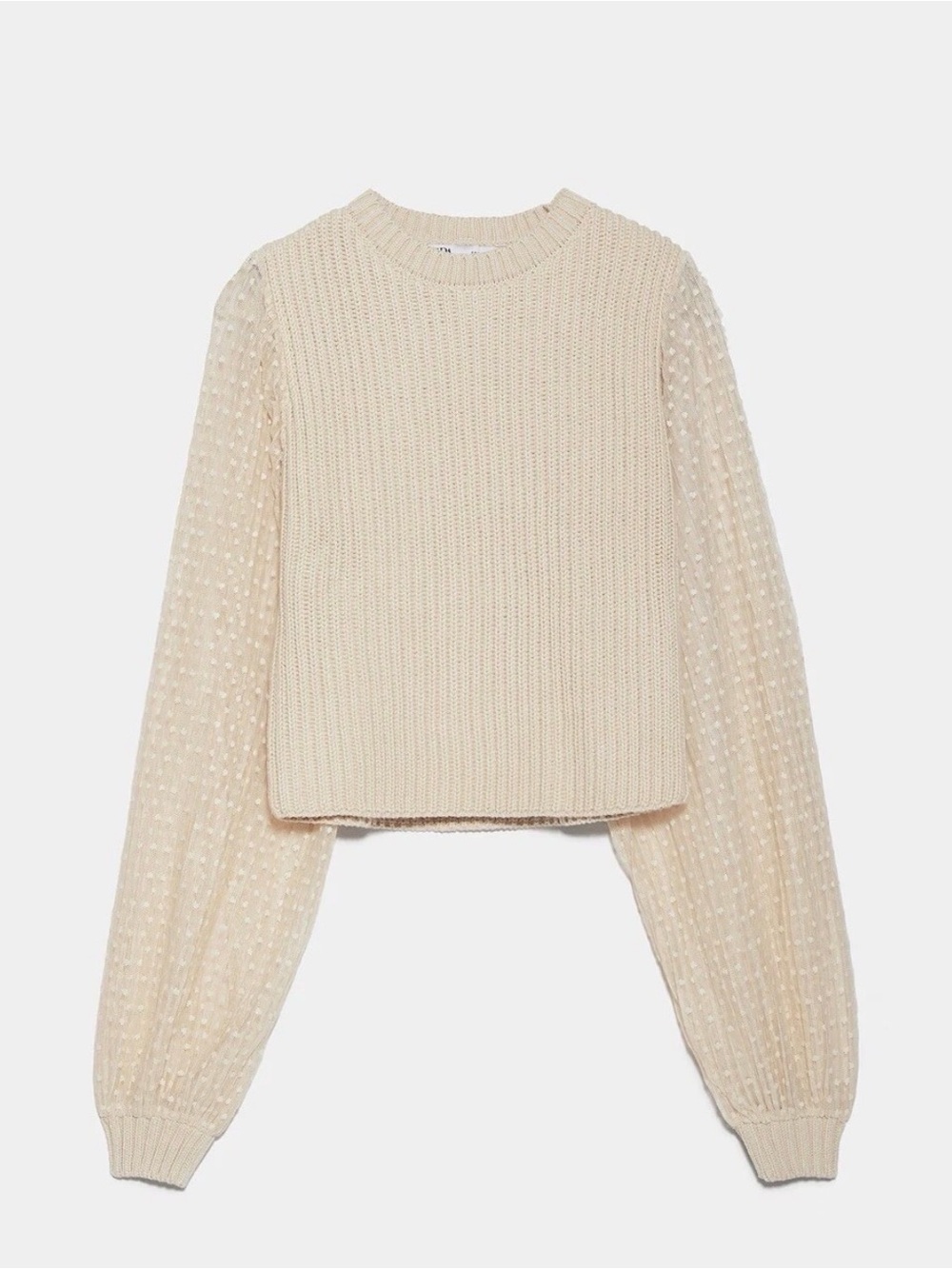 Zara Cream Knit Sweater with Textured Balloon Sleeves